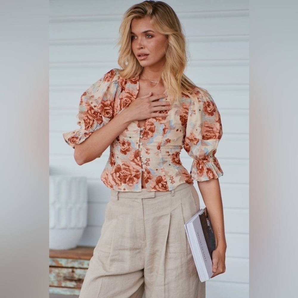 Free People Floral Puff Sleeve Blouse - Cream and Brown